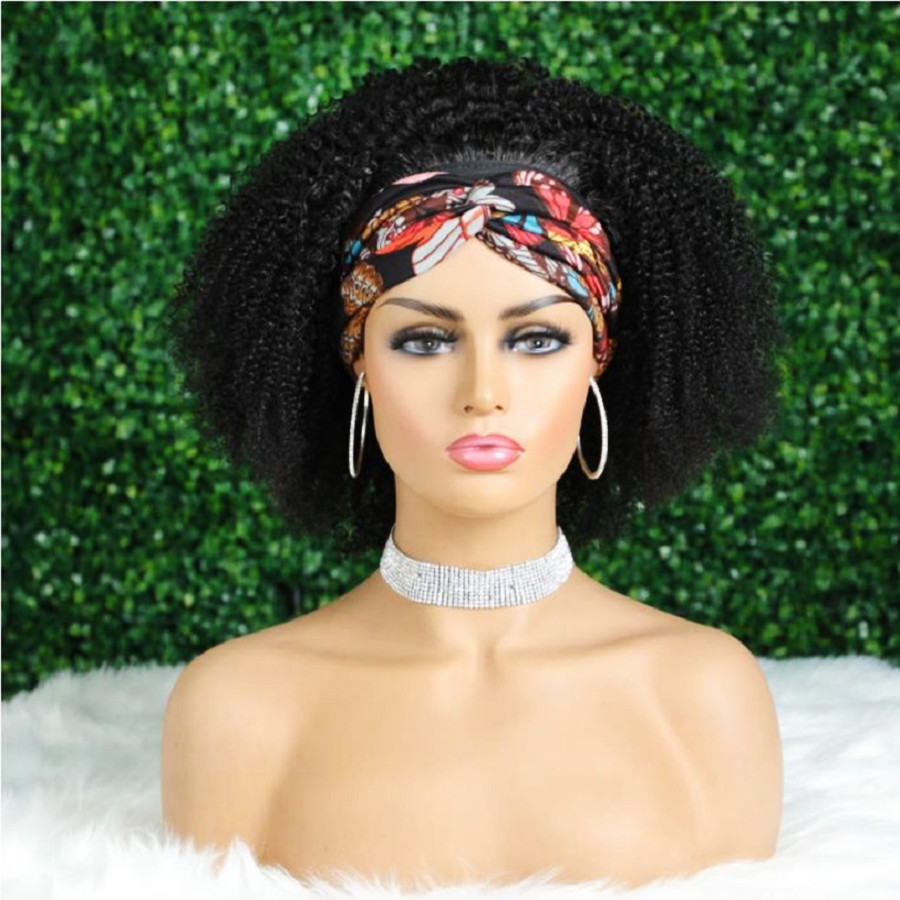 

Premier Headband Wig Afro Kinky Curly Machine Made with Human Hair for Women 130% density Free Hair band, Natural color