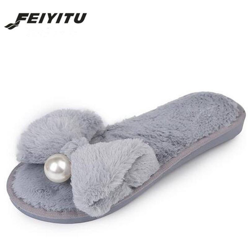 

Slippers FeiYiTu Women Slides Fauxs Fur Winter Flats Shoes Slip On Butterfly-knot Fashion Floor Slipper Women' Size 36-41, Black