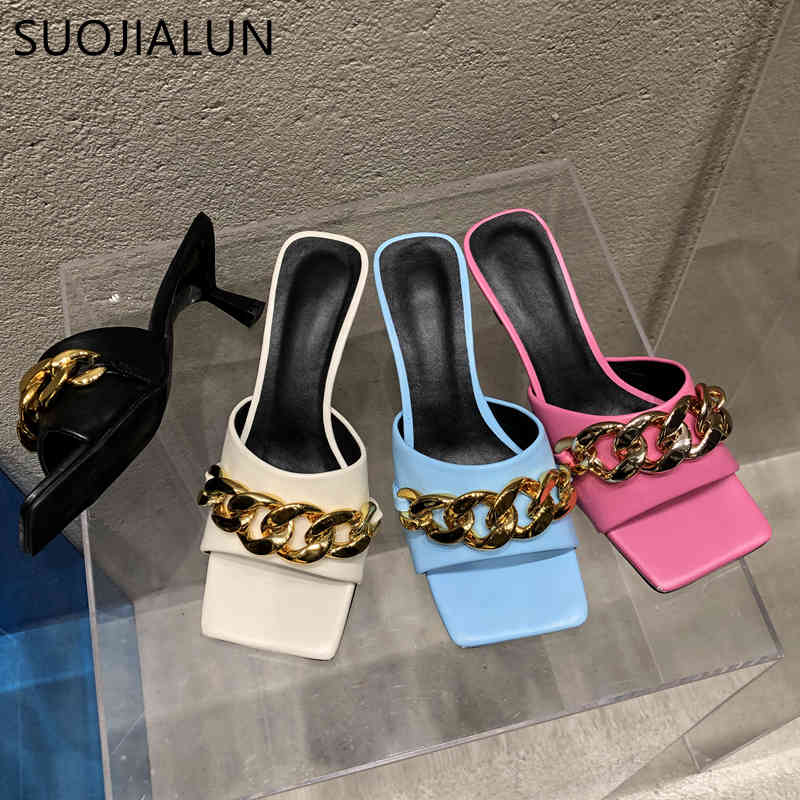 

SUOJIALUN 2021 Summer Slippers Fashion Chain Design Women Sandals Thin High Heel Open Toe Square Heels Mule Shoes Ladies Slides K78, Black