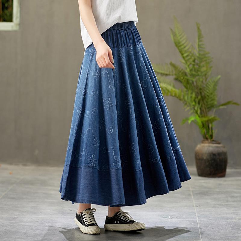 

Skirts 2021 Fashion Denim Summer Flower Blue Jeans Long Maxi Elasitc Waist A-line Pleated Big Hem, Light blue