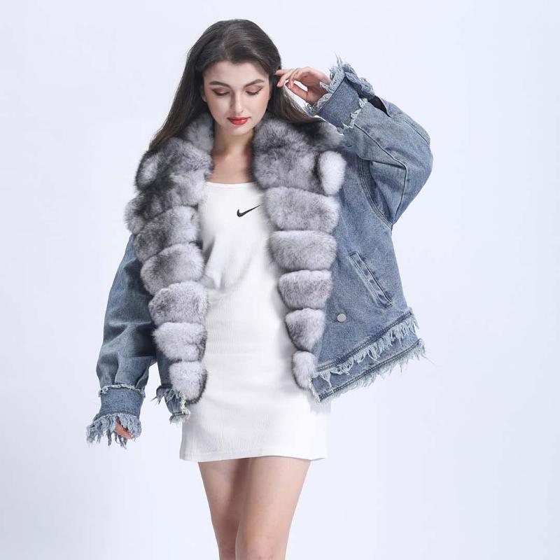 

Women's Fur & Faux Janefur Autumn Winter Warm Woman Jacket Real Collar Denim Top Quality Women Coat, Black