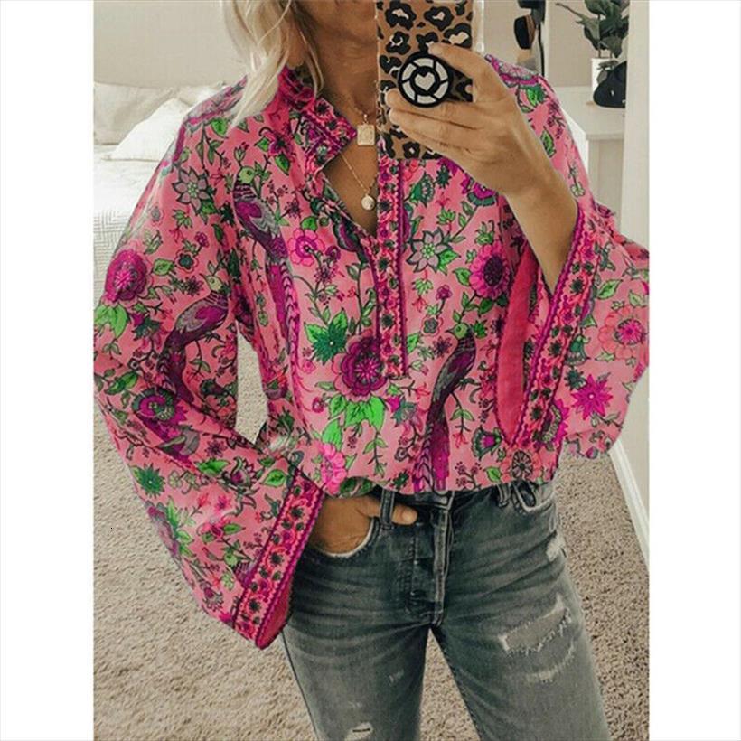 

elegant boho lantern women shirts long sleeve loose v neck floral ladies hippie blouse autumn casual, White