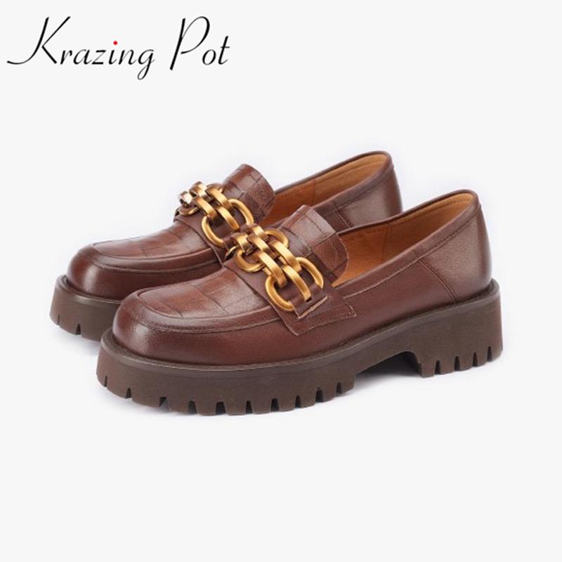 

Dress Shoes Vichelo Vintage Full Grain Leather Round Toe Thick Heels Casual Metal Chains Fasteners Elegant Women Leisure Retro Pumps L68, Brown