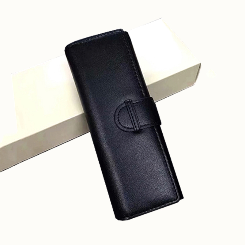 

Luxury Black Leather Pencil case high quality Double pen Holder stationery office school supplies pens bag as gift