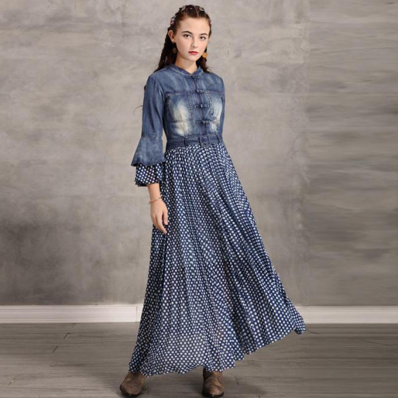 

Johnature Autumn Denim Dress Vintage Women Clothes Pleated Dot Stand Collar Flare Sleeve Patchwork Leisure Women Dress 210521, Blue