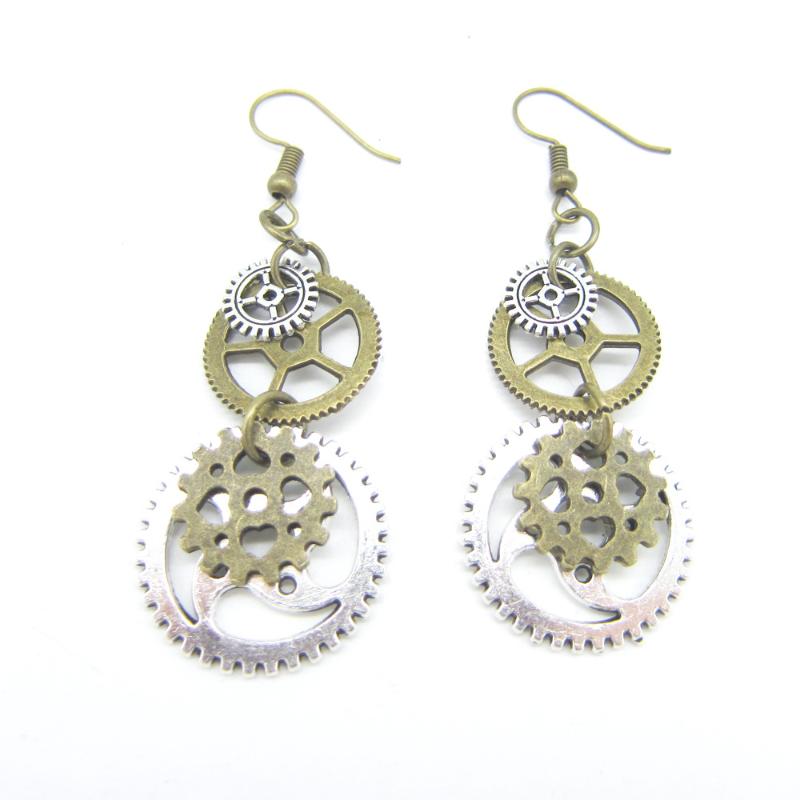 Bronze And Silver Ox Gears Steampunk Drop Earrings Women`s Vintage Accessory Dangle & Chandelier-image-696767050