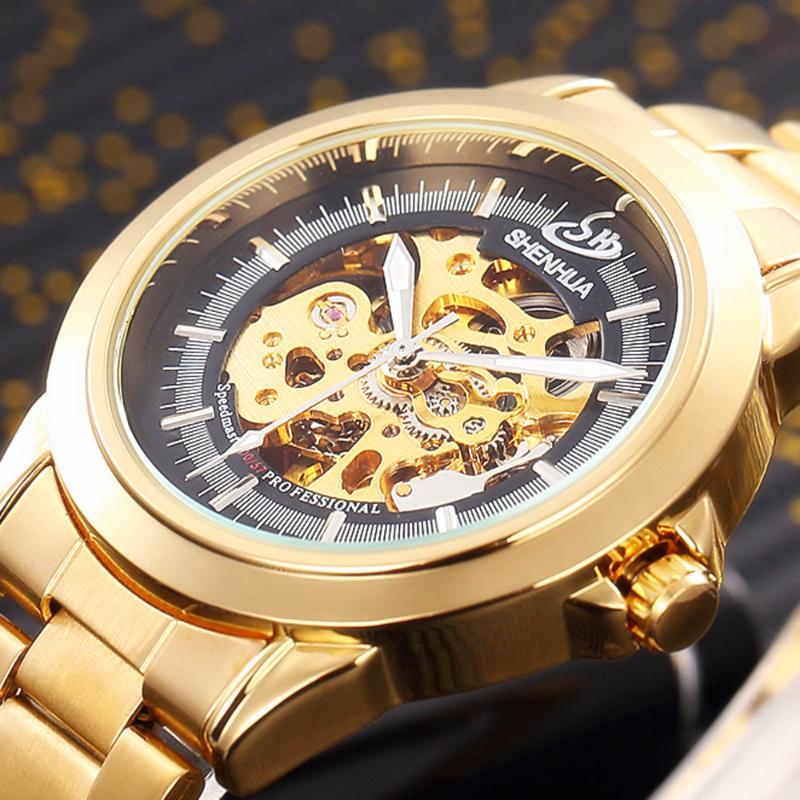 

Luxury Men's Gold Watch Steel Transparent Skeleton Automatic Mechanical Wristwatch Steampunk Clock Men Wristwatches