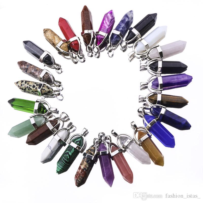 

Hexagon Prism Natural Stone Tiger Eye Quartz Pendant Opal Blue Pink Crystal Necklace Accessories