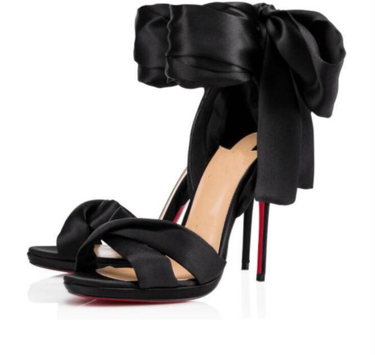 

Summer Red Bottom Tres Frais Sandals Ankle Straps rinted crepe satin Women High Heels Feminine Glamor Ladies Sandal Dress Wedding EU 34-43,With Box, Black