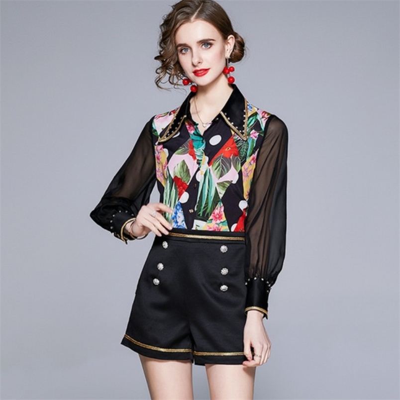 

Fashion Shorts Two Pieces Set Female Chiffon Sleeve Patchwork Beading Lapel Print Shirt Top+High Waist Short Pants Suit 210519, Photo color