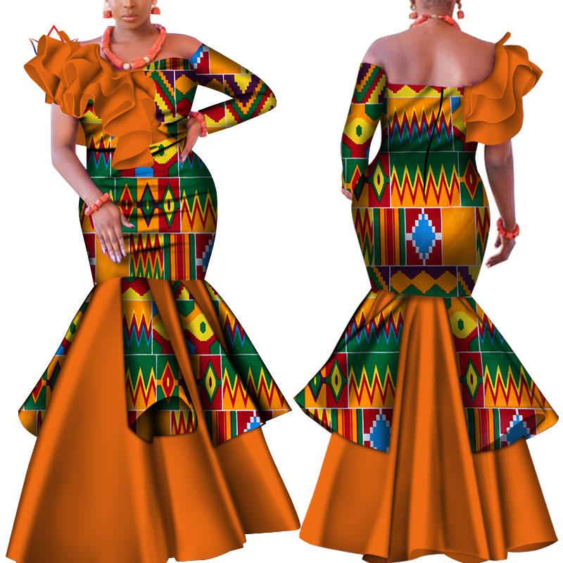 

Ethnic Clothing Dashiki African Dress For Women Bazin Riche One-Shoulder Sexy Slash Neck Wedding Party Traditional WY4224
