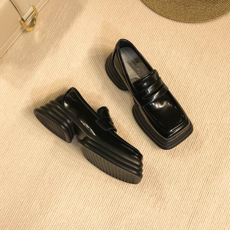 

Dress Shoes Korean Square Toe Children's Solid Color Small Leather Women's High-End Retro Thick Heels Spring And Autumn Brig, Black
