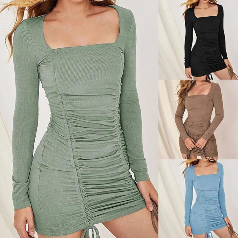 

Casual Dresses Dress Women Sexy Solid Color Long Sleeve Square Neck Drawstring Ruched Mini Bodycon Short Club, Black;gray