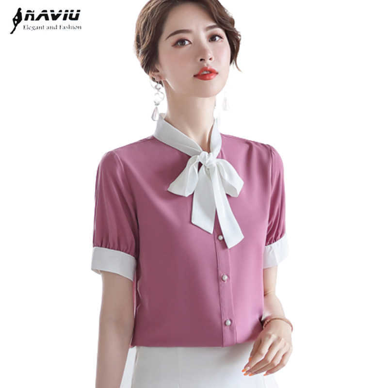

Pink Chiffon Shirt Women Summer Fashion Bow Short Sleeve White Blouses Office Ladies Plus Size Work Tops 210604