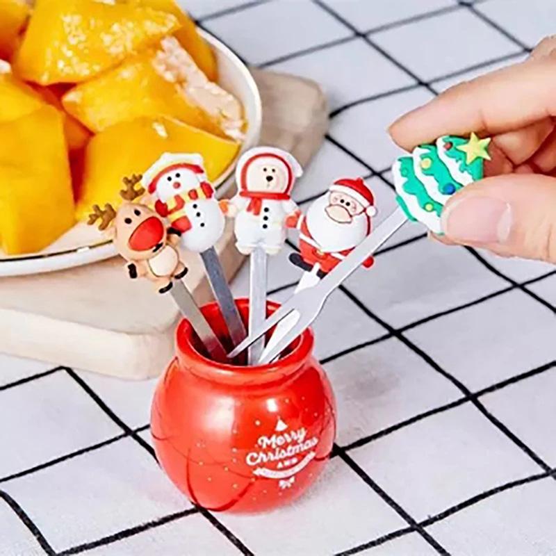 

Forks 5Pcs/Set Christmas Fruit Fork Stainless Vegetable Cartoon Santa Claus Salad Stick Dessert For Party Decoration