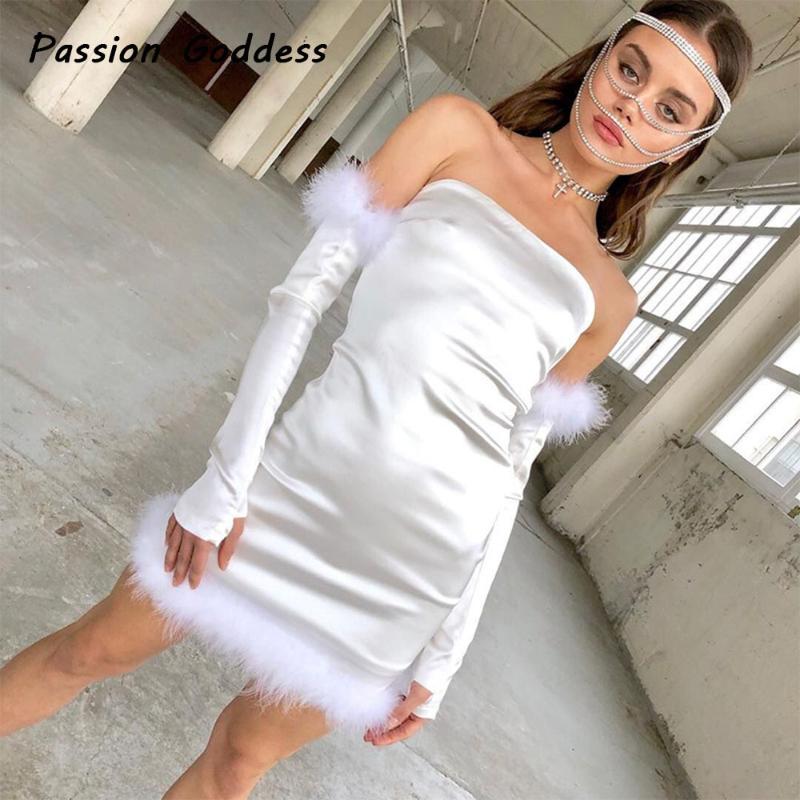 

Casual Dresses White Cute Feathers Dress Women Off Shoulder Bodycon Princess Kawaii Fur With Gloves Sleeve Party Night Club