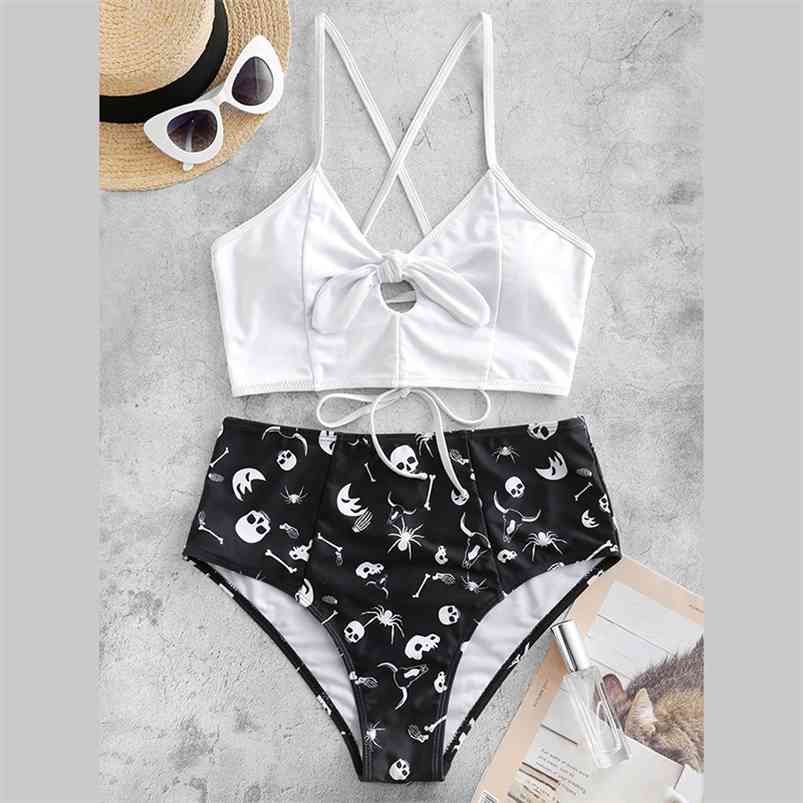 

Casual Skull Printed Two Piece Bikini Set Halter Lace Up Swimsuit Cross Mujer Women Cut Out Push 210629, Black