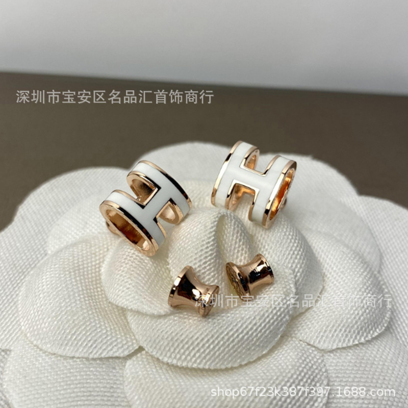 

Oval pop enamel H letter female CNC silver plated 18k rose gold temperament personalized Earrings advanced feeling