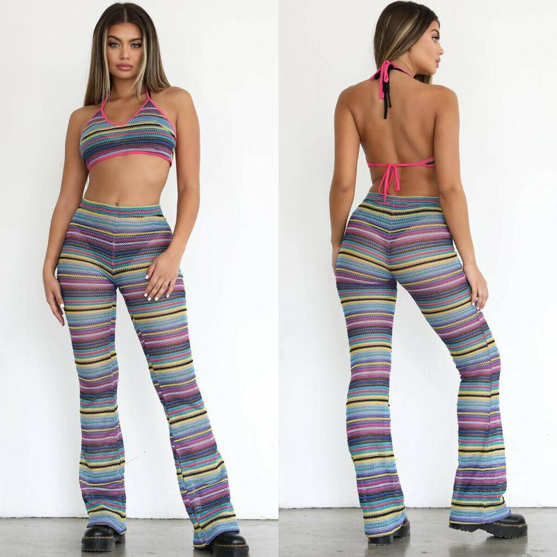 

Sexy Women Knitted Hollow Crochet Straps Rainbow Striped Backless V-Neck Crop Tops Elastic Waist Shorts Pants Bikini Cover Ups Sarongs