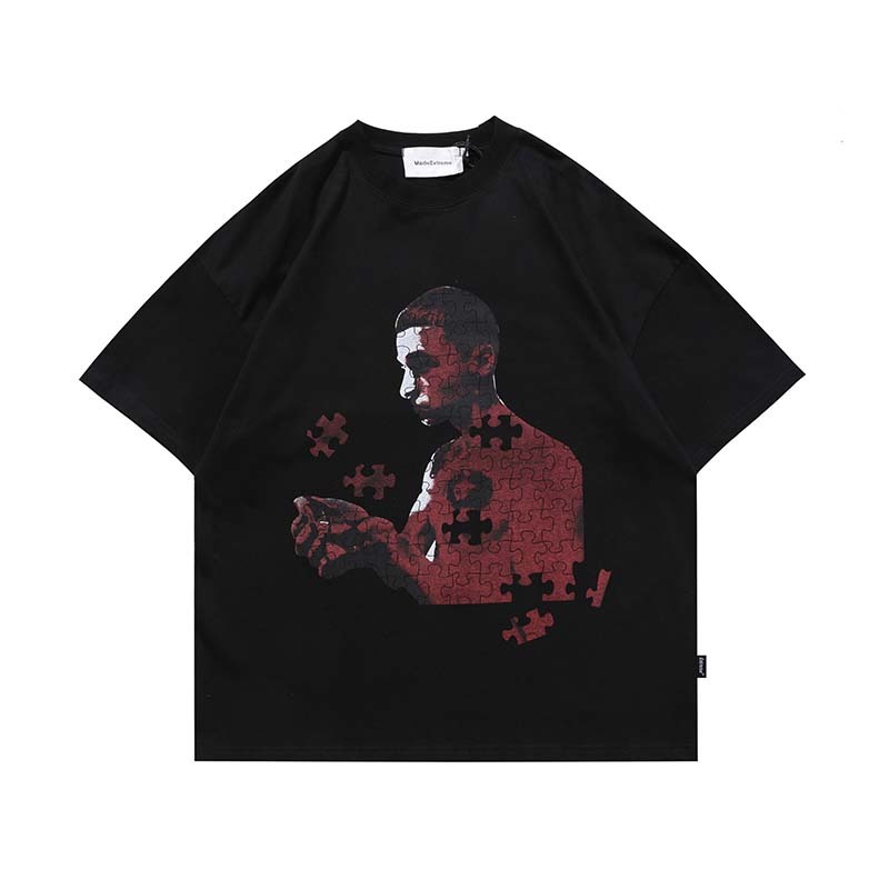 

High Street Print Loose Short Sleeve T-shirt Male Oversize Round Neck Cotton Summer Casual Tshirts Black White, White;black