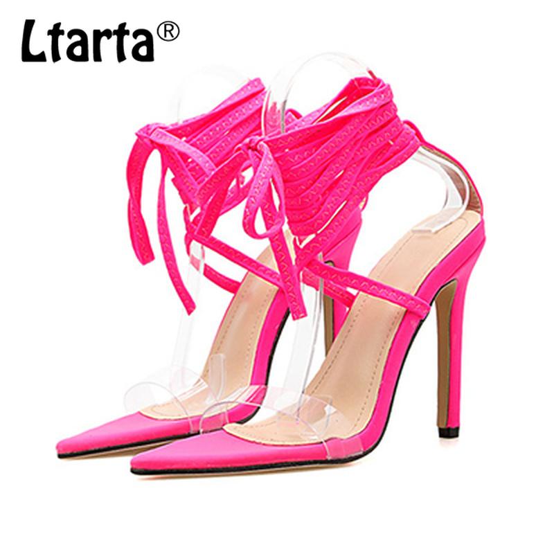 

Sandals LTARTA Fashion Summer Fluorescent Cross-strap High-heeled Large Size Women's Shoes Suede Fine Heel ZL, Black