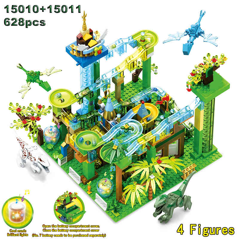 

MOC Blocks Toys Jurassic Dinosaur Park Fort Castle Electric Track Building Model Bricks for Girls Boys Marble Race Run Blocks