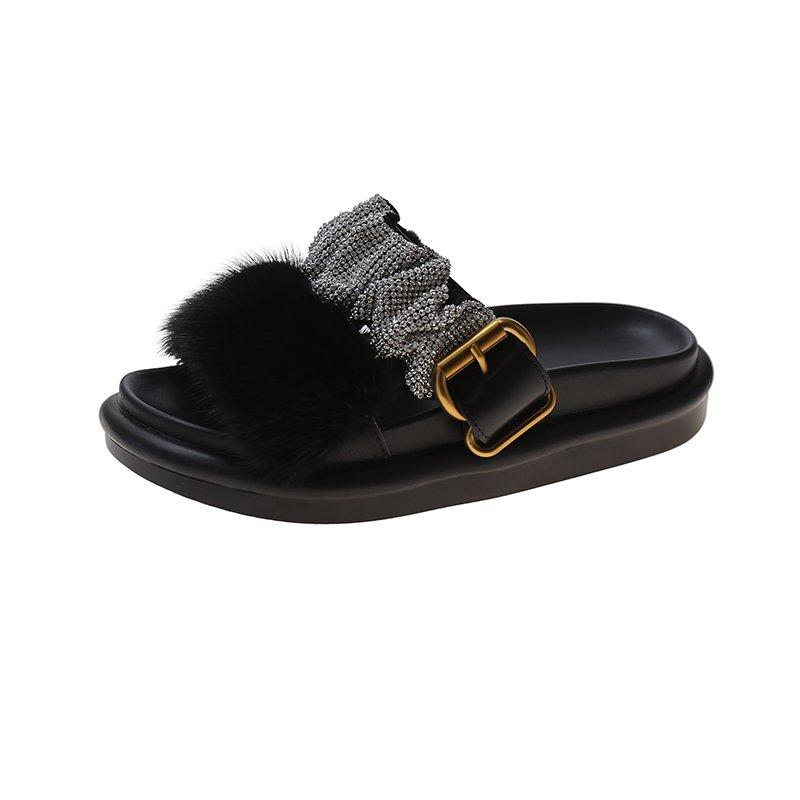 

Slippers Women's Plush Upper Personalized Buckle Design Fashionable And Versatile Open-toed Flat-bottom Casual, Black
