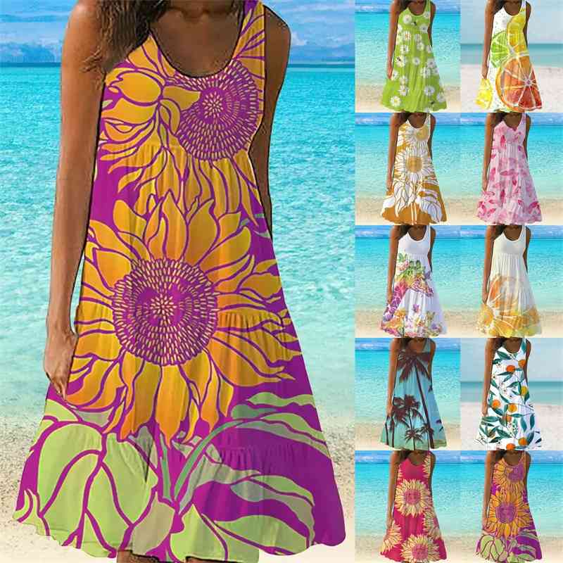 

2021 summer new beach skirt printed women's a-line dress, Black;gray