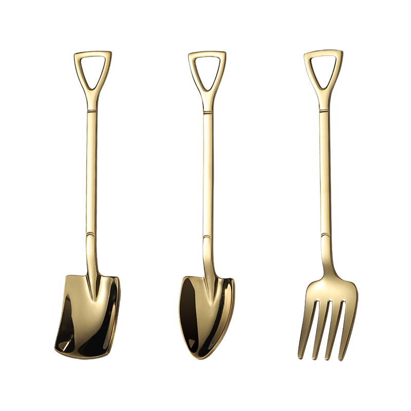 

3Pieces Shovel Spoon Fork Coffee Scoops Handle Dessert Spoons Ice Cream Spoon Shovels Shape Fruit Forks