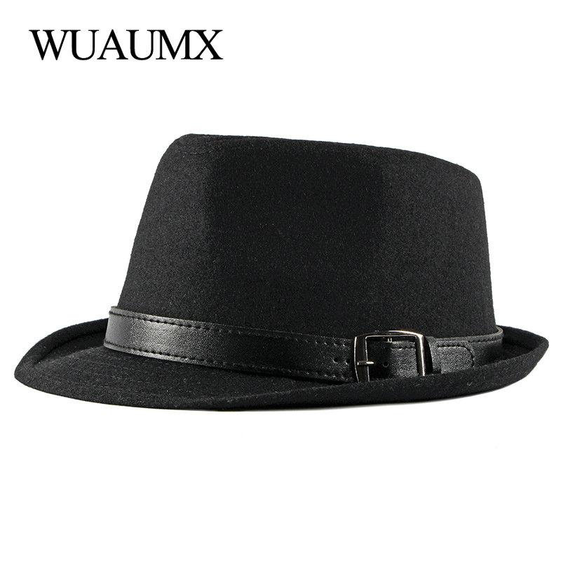 

Wuaumx Autumn Winter Retro Jazz Hats Middle Aged Men Felt Fedoras Cap For Male Solid Trilby Panama Hat Black Bowler Wide Brim