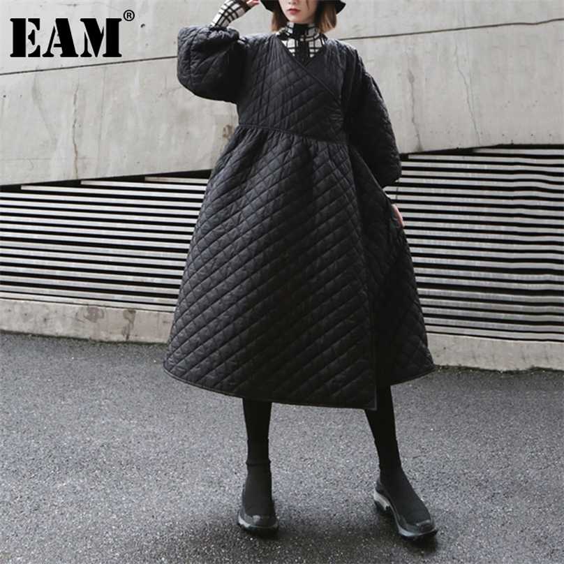 

[EAM] Bandage Warm Irregular Cotton-padded Coat Long Sleeve Loose Fit Women Parkas Fashion Autumn Winter 1DD0731 211018, Black