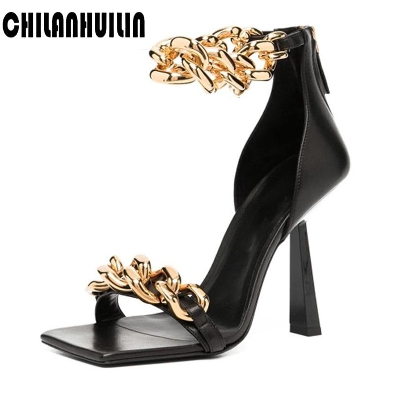 

Runway Shoes Big Chains Sexy Super Star Women Sandals High Heel Ankle Strap Gladiator Stiletto Wedding Dress, Black