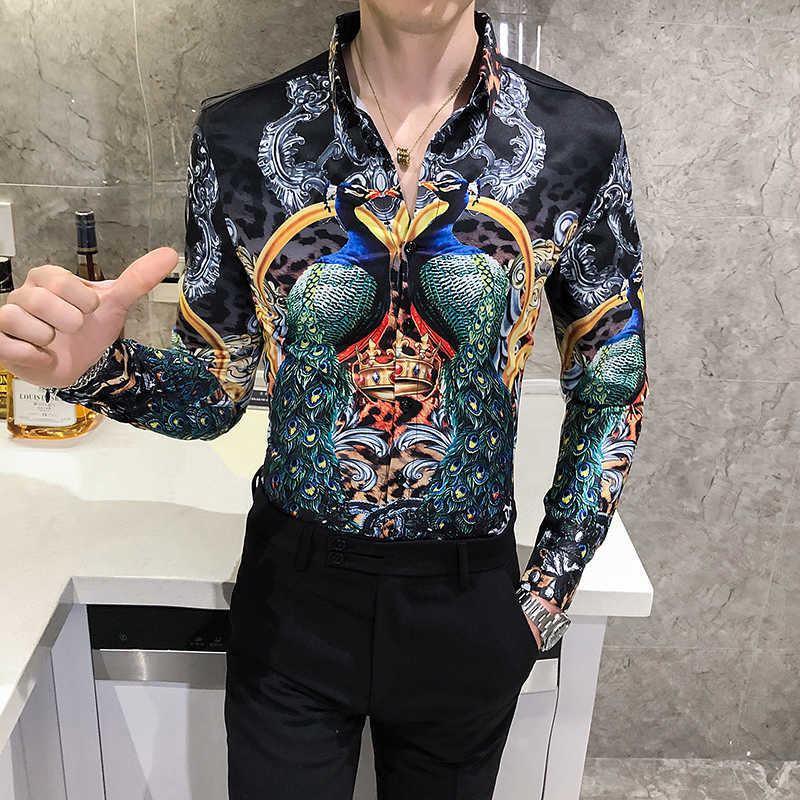 

Luxury Peacock Crown Print Shirts for Men Long Sleeve Slim Fit Casual Shirt Nightclub Party Streetwear Camisas Para Hombre 210527, White