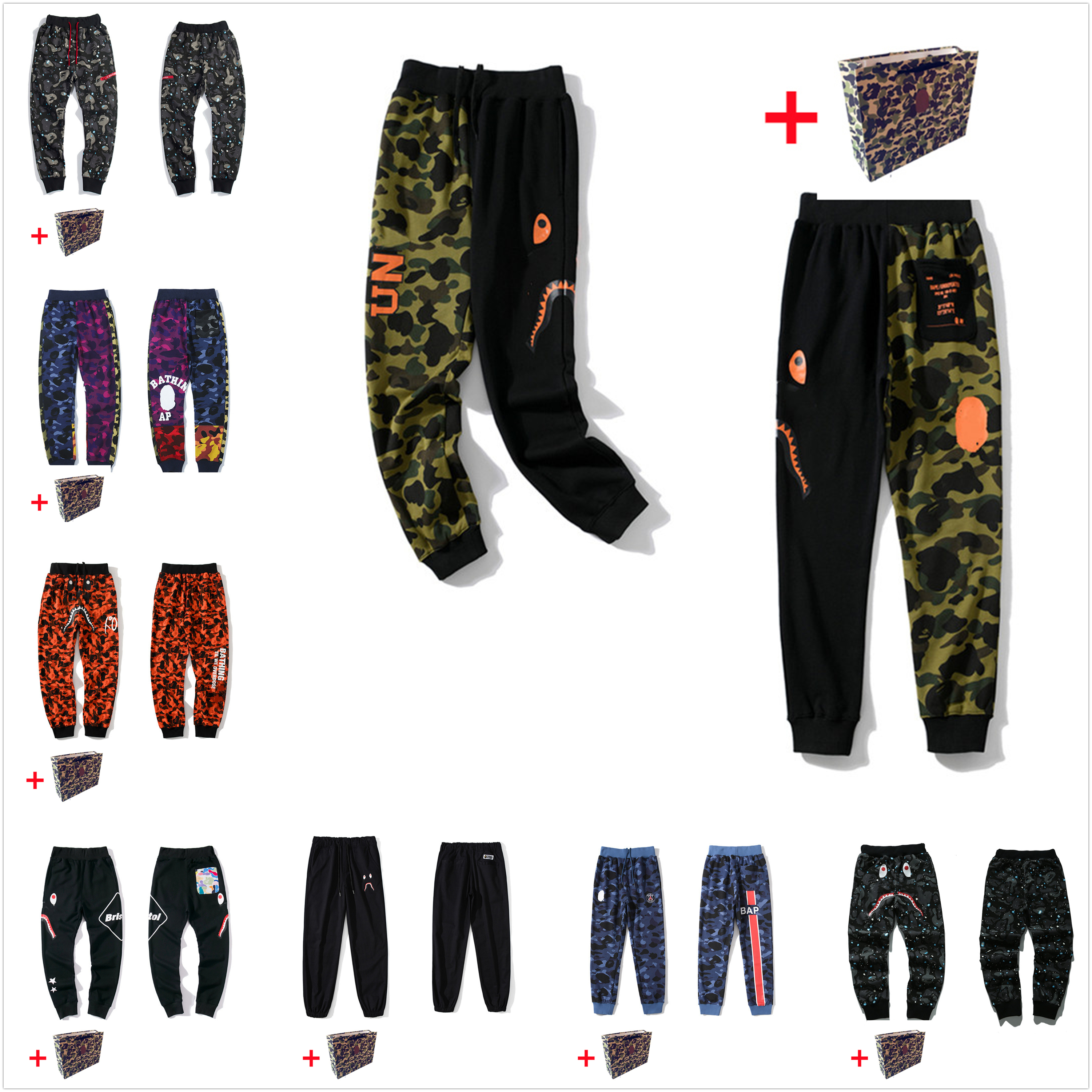 

apes Men Pants camouflage Luminous high quality belted trousers men's and women's same style casual pant Shark head pants Bring to, Black