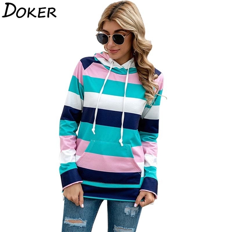 

Women Stripe Hoodie Sweatshirts Autumn Winter Fashion Long Sleeve Plus Size Casual Loose Ladies Pullovers Pocket Hooded Top 210604, Green