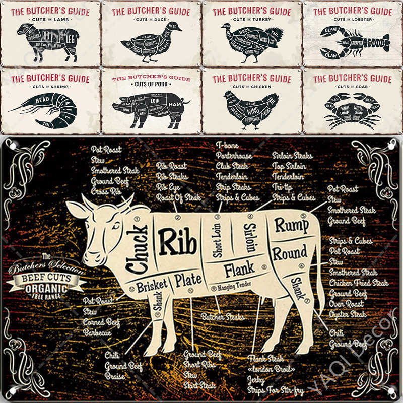 

Cuts Of Beef Pork Fish Tin Sign Vintage The Butchers Guide Metal Plate Decor Plaques Retro Kitchen Meat Shop Decoration Signsa