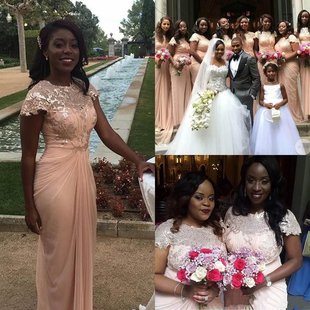 

Blush Pink Lace Chiffon Long Bridesmaid Dresses With Sleeve 2021 Jewel Neck Plus Size African Junior Wedding Guest Party Bridesmaid Gown Dress