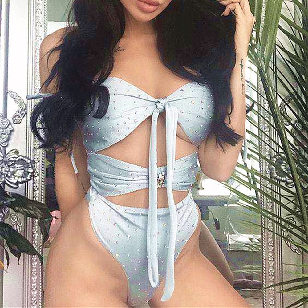 

swimsuit 2021 newest gray strapless knot female one-piece swimsuits sexy crystal diamond high waist bikini
