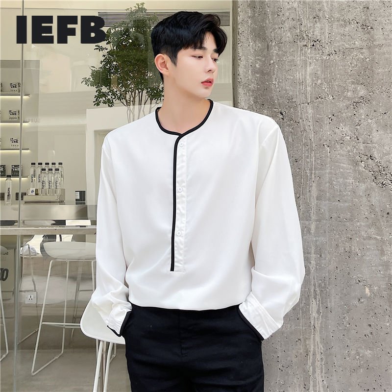 

IEFB Summer Korean Personality Color Contrast Design Pullover Long Sleeve Collarless Shirt Black White Tops 9Y7403 210524