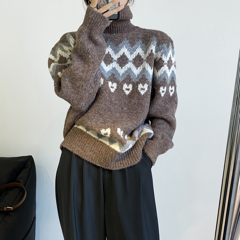 

Fashion Thick Oversized Mohair Sweater Women Diamond Check Turtleneck Pullover Causal Top Female For All Match 210520, Black