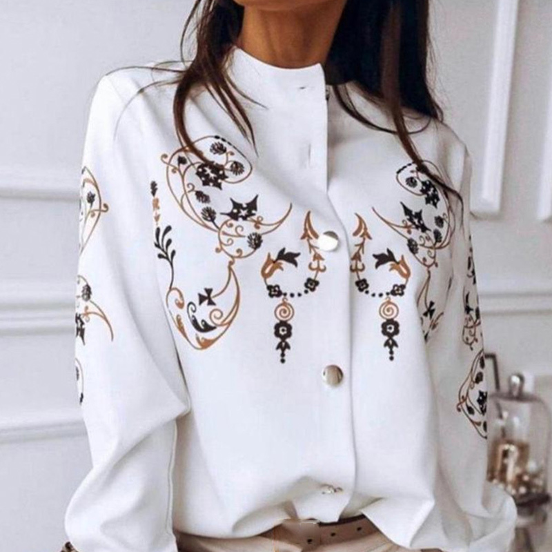 

Print Long Sleeve Stand Collar Women Shirt Button Single Breasted Office Lady Shirts Spring Casual Vintage Chic Female Tops 210518, White