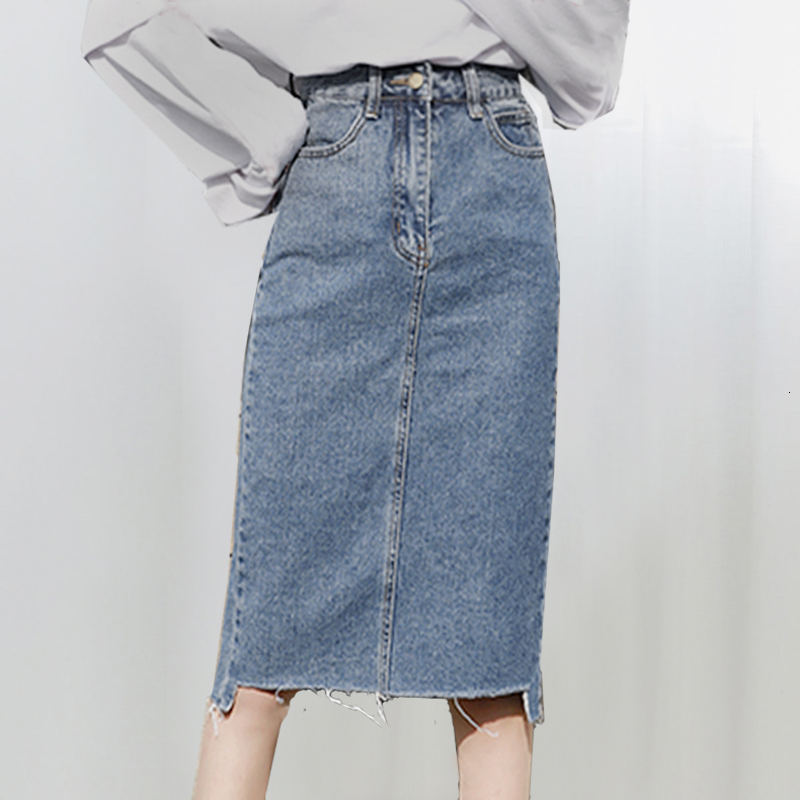 

Skirts Summer Jeans Women High Waist Denim Female Knee-Length Saia Faldas Casual Pencil For Girls PRFD, Blue