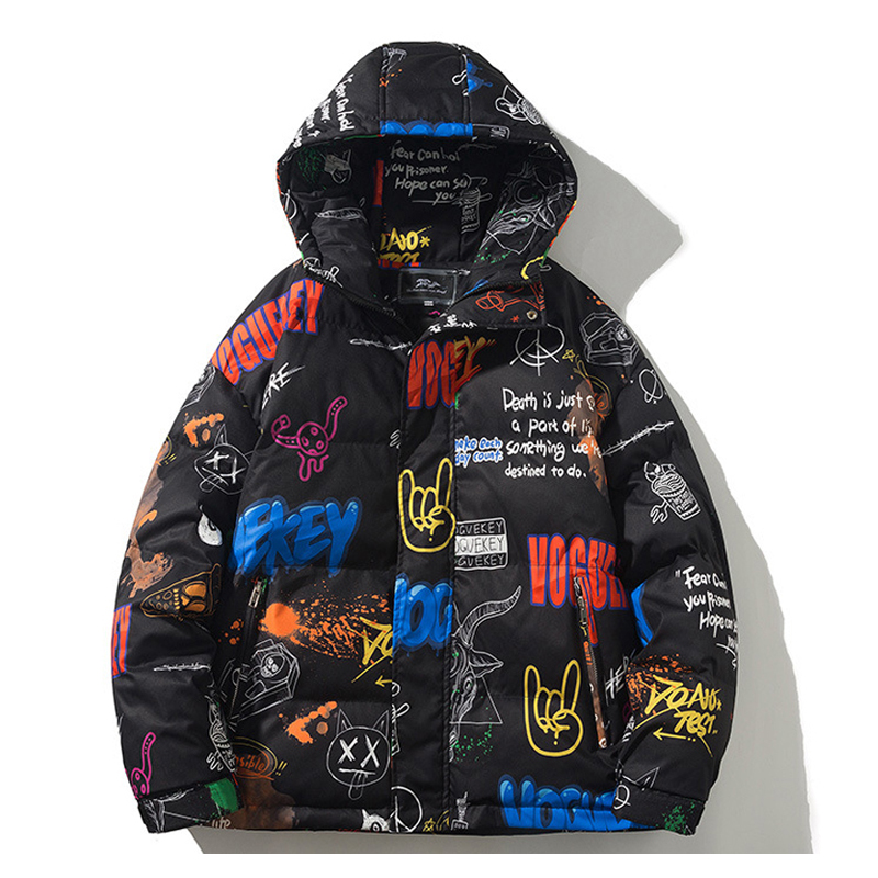 

High Street Hooded Down Jacket Men Cartoon Full Graffiti Thicken Parker Vintage Oversize Black Jackets Streetwear Unisex Winter, Green