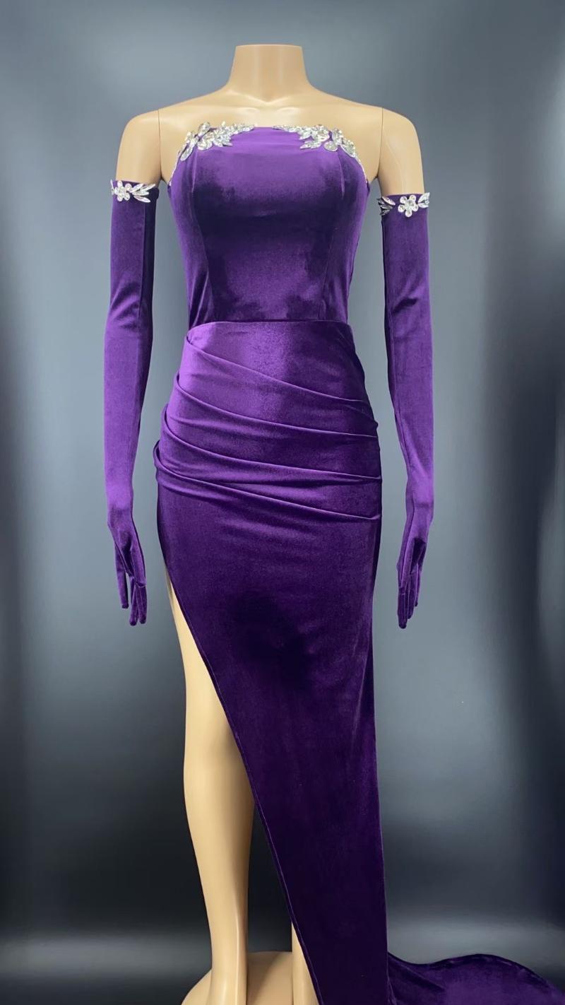 

Casual Dresses Fashion Rhinestones Purple Velvet Dress Gloves Sexy Split Bodycon Tail Birthday Wedding Celebrate Evening Gown Outfit, As pic