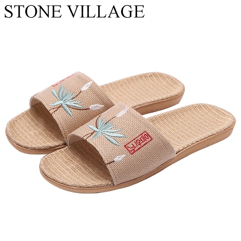 

STONE VILLAGE Embroidered Open Toe Household Linen Slippers Summer Couple Non-Slip Men Home 211110, Women style