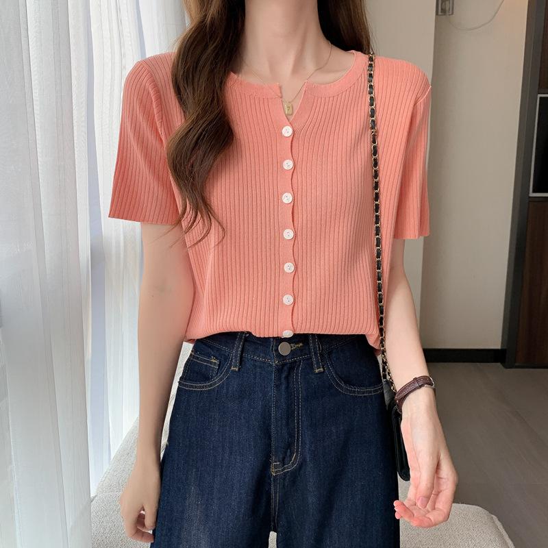 

Women's Knits & Tees 9 Clolor Women Summer Ice Silk Short Sleeve Knitted Cardigan Casual Female V-neck Thin White Purple Single Breasted Kni, Black