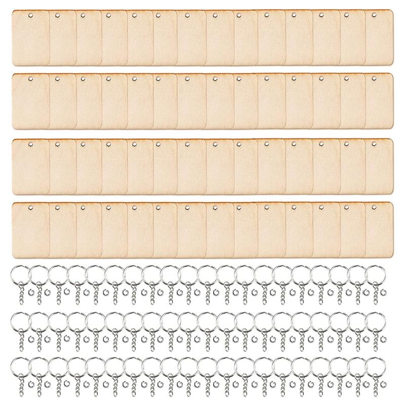 

Keychains X7YA 60PCS/Set Blank Rectangle-Shaped Wooden Keychain Set Unfinished Wood Pieces With Key Rings Rope DIY Supply