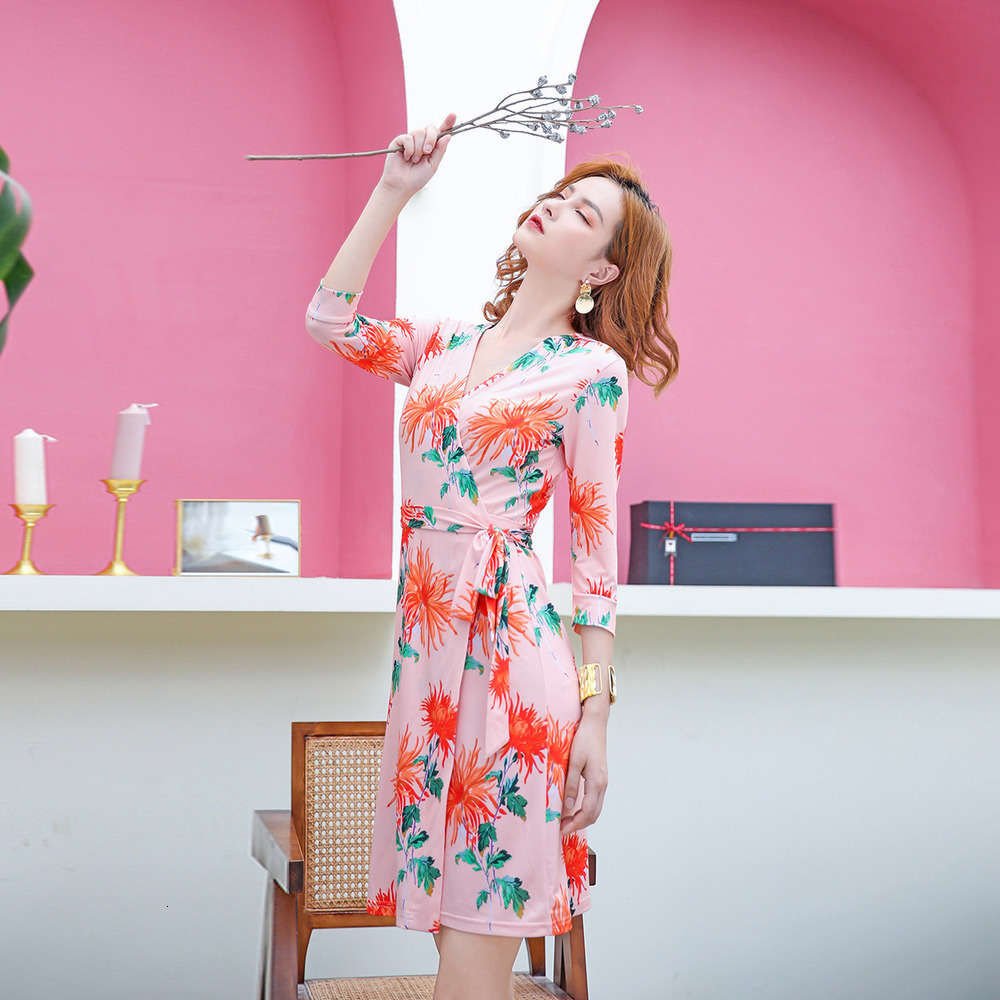 

2021 designer fashion women's PG DVF wrap summer pink print dress slim and gentle style tea break skirt for women, Black;gray