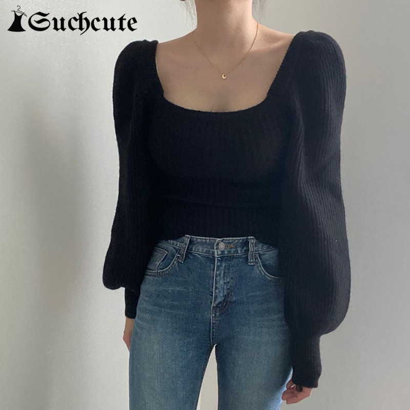 

Women's T-Shirt Autumn Streetwear Square Collar Sweater Slim Outfits Jumper For Women Korean Style Lantern Long Sleeve Pullover 4I, Black