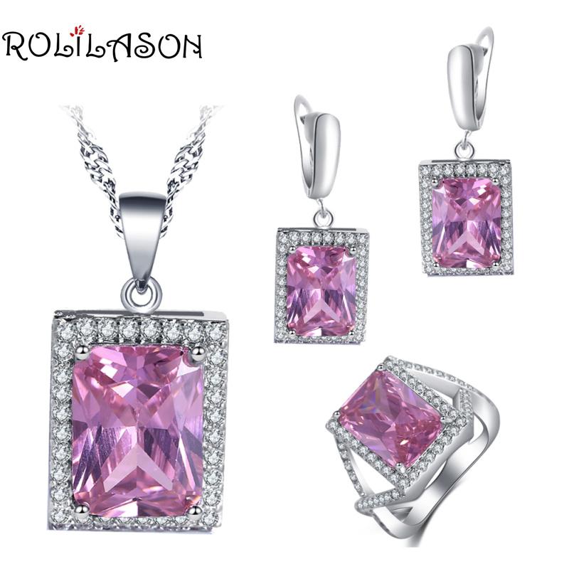 

Earrings & Necklace ROLILASON Romantic Anniversary Gift For Girl Pink Zircon Square Design Rings Jewelry Sets JS753, As pic